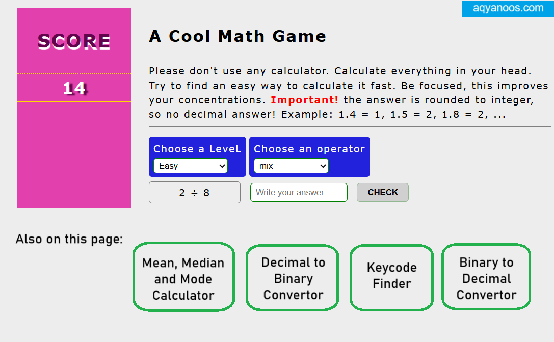 math game - find mean median and mode of numbers - keycode finder - binary decimal convertor